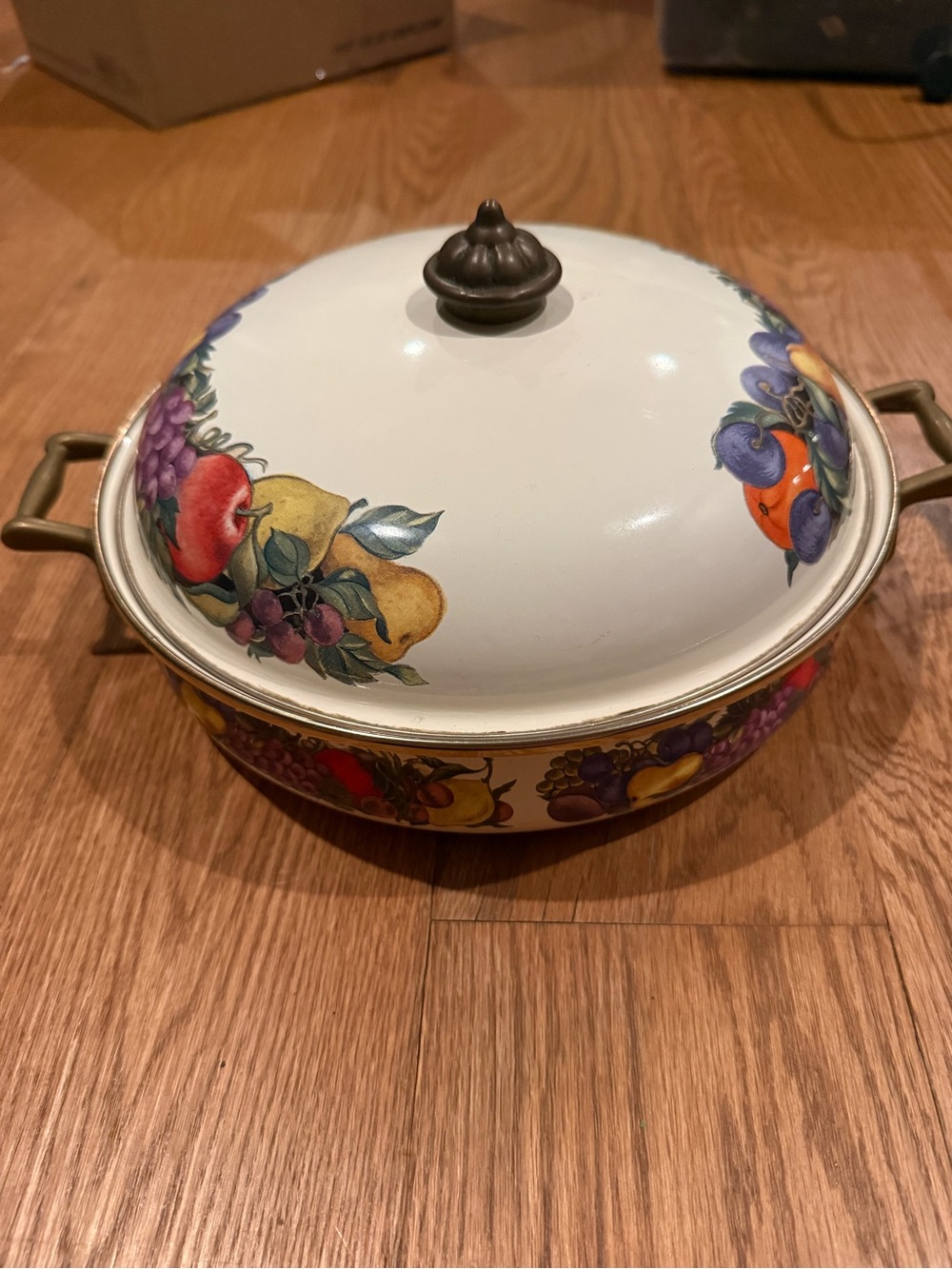 Vintage enamelware lidded casserole dish fruit cornucopia